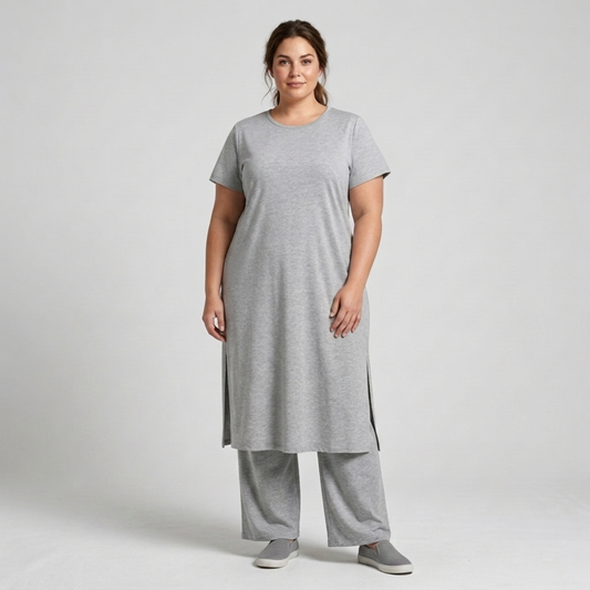 Plus size two-piece set for women with long tunic and loose pants — Grey