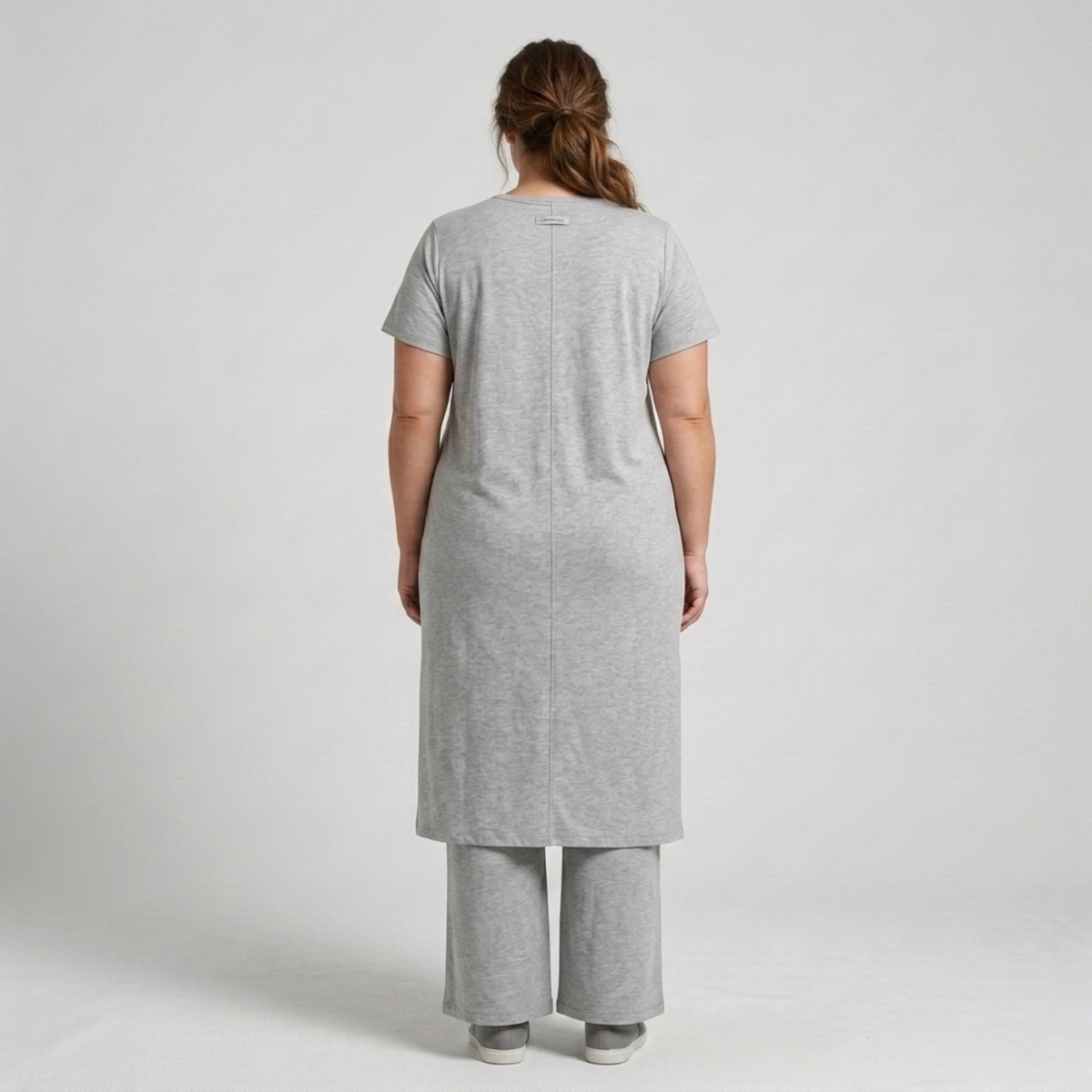 Plus size two-piece set for women with long tunic and loose pants — product view