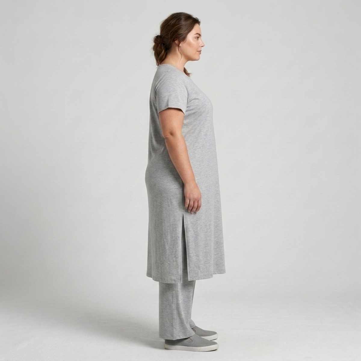 Plus size two-piece set for women with long tunic and loose pants — product view