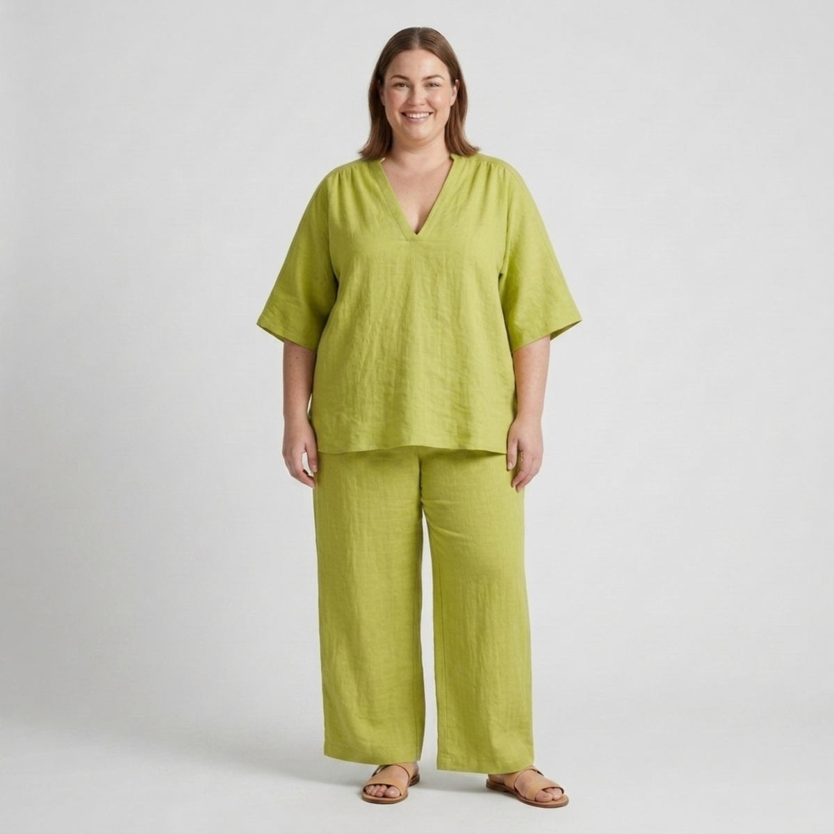 Women's Plus Size Set – Loose V-Neck Top and Flowy Pants — Light Green
