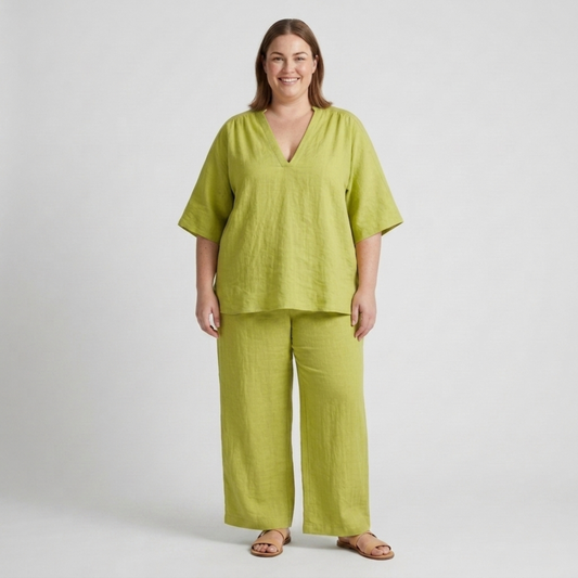 Women's Plus Size Set – Loose V-Neck Top and Flowy Pants — Light Green
