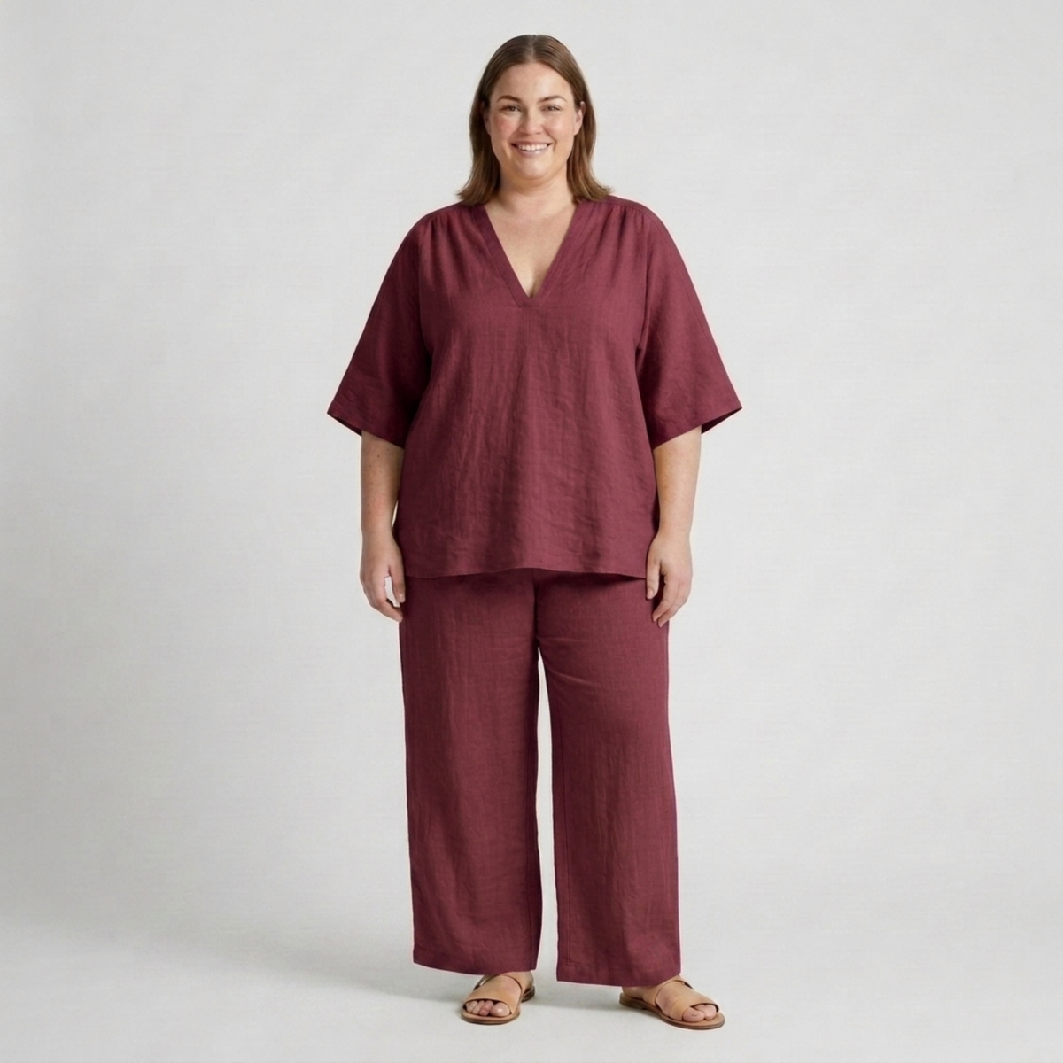 Women's Plus Size Set – Loose V-Neck Top and Flowy Pants — Burgundy