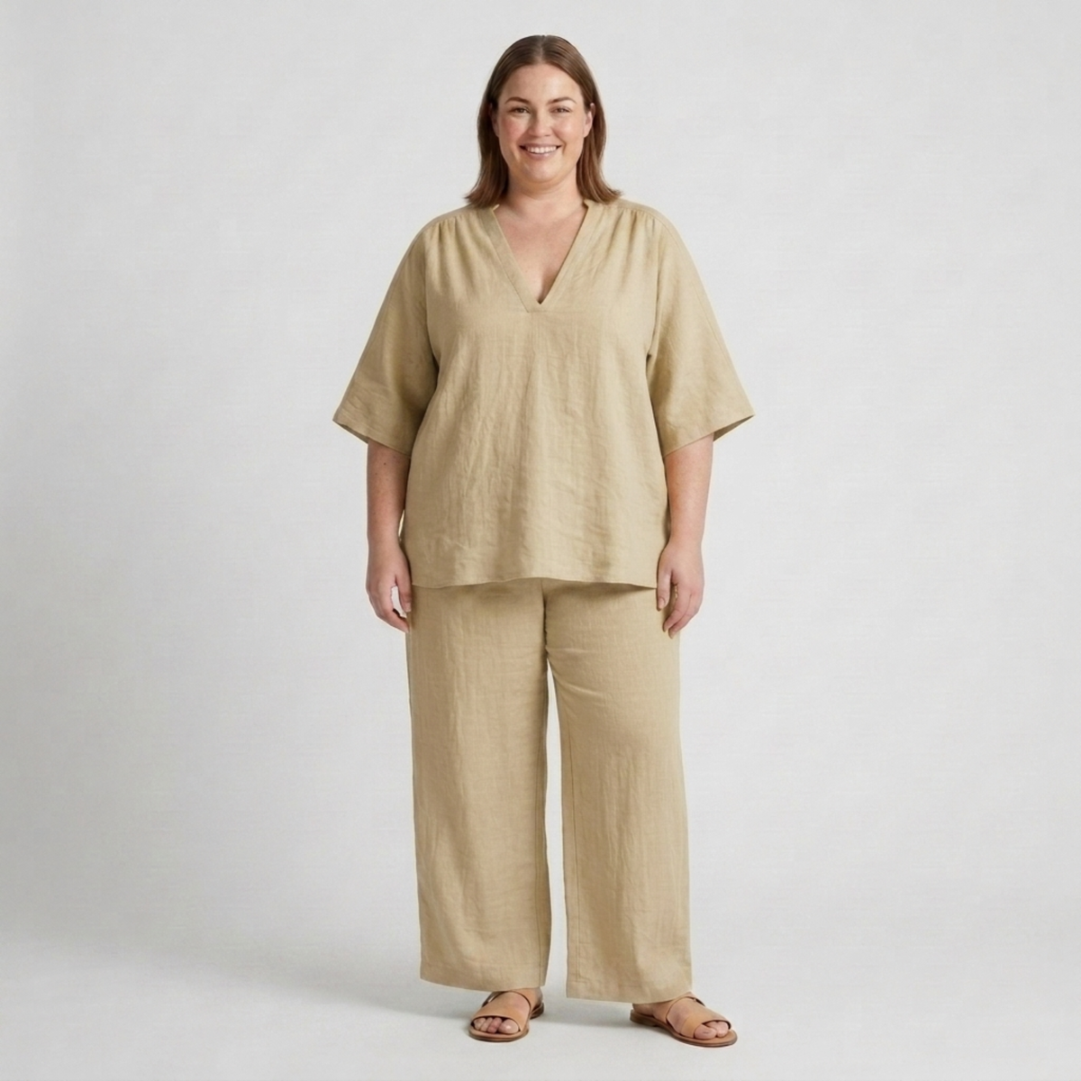 Women's Plus Size Set – Loose V-Neck Top and Flowy Pants — Khaki