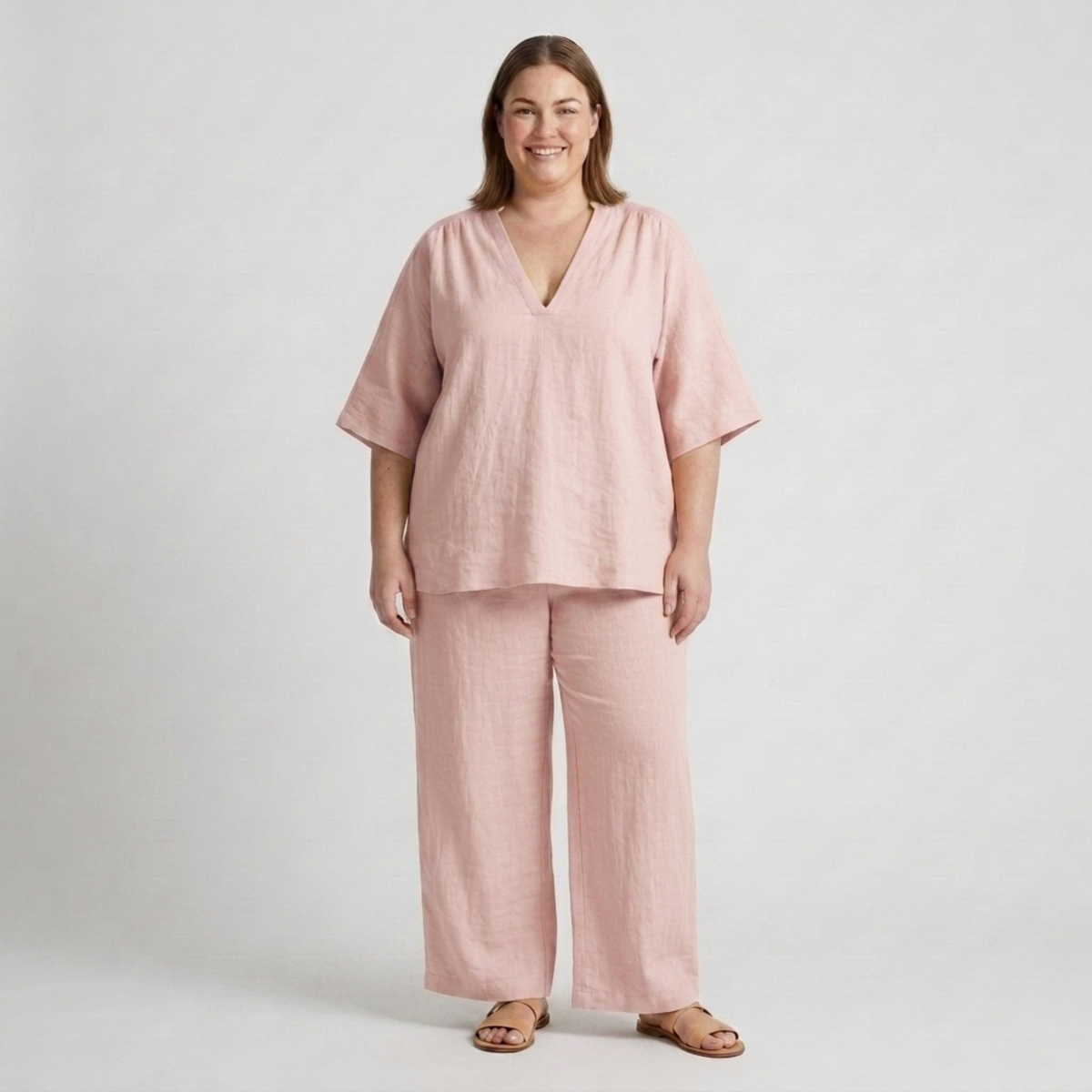 Women's Plus Size Set – Loose V-Neck Top and Flowy Pants — Pink