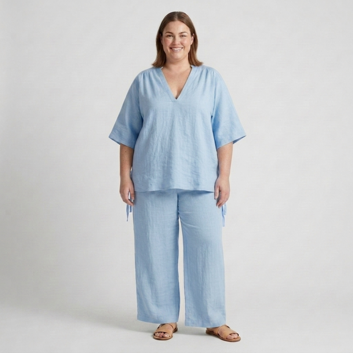 Women's Plus Size Set – Loose V-Neck Top and Flowy Pants — Sky Blue