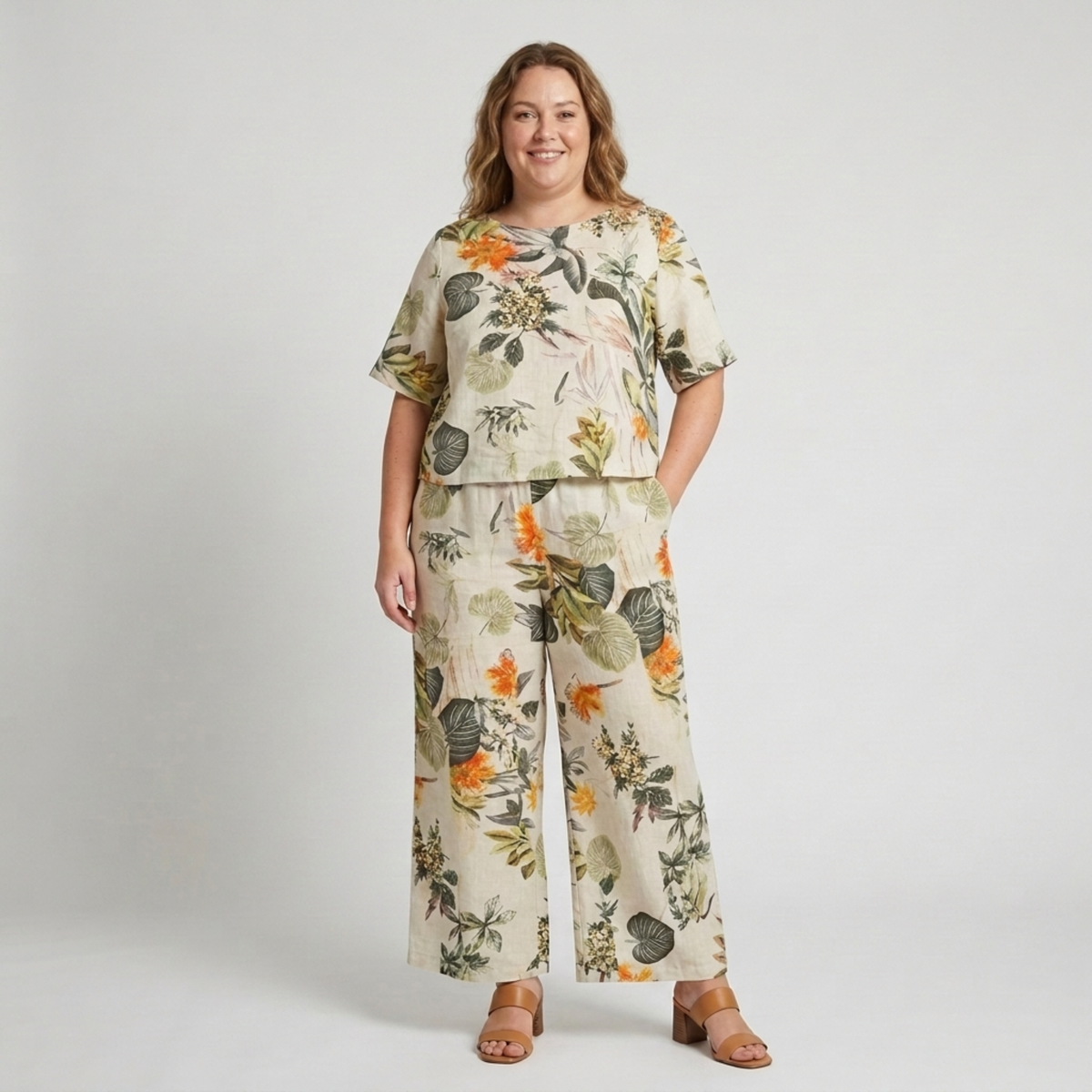 Plus Size Floral Print Pants Set — Ivory