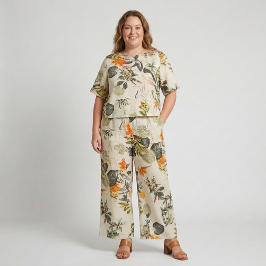 Plus Size Floral Print Pants Set — Ivory