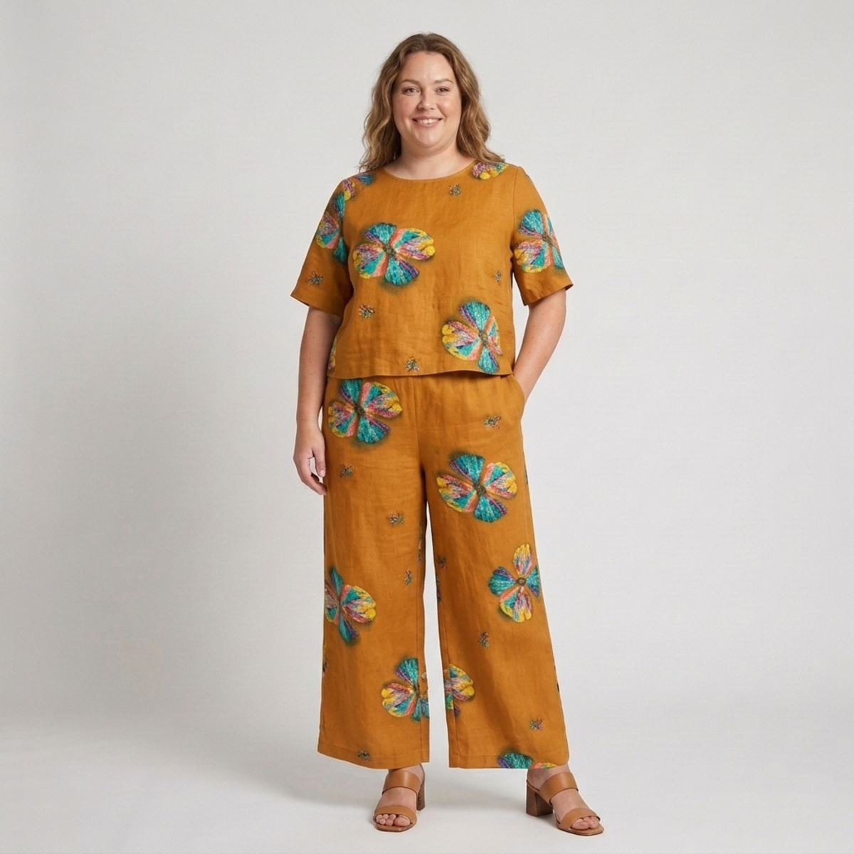 Plus Size Floral Print Pants Set — Yellow