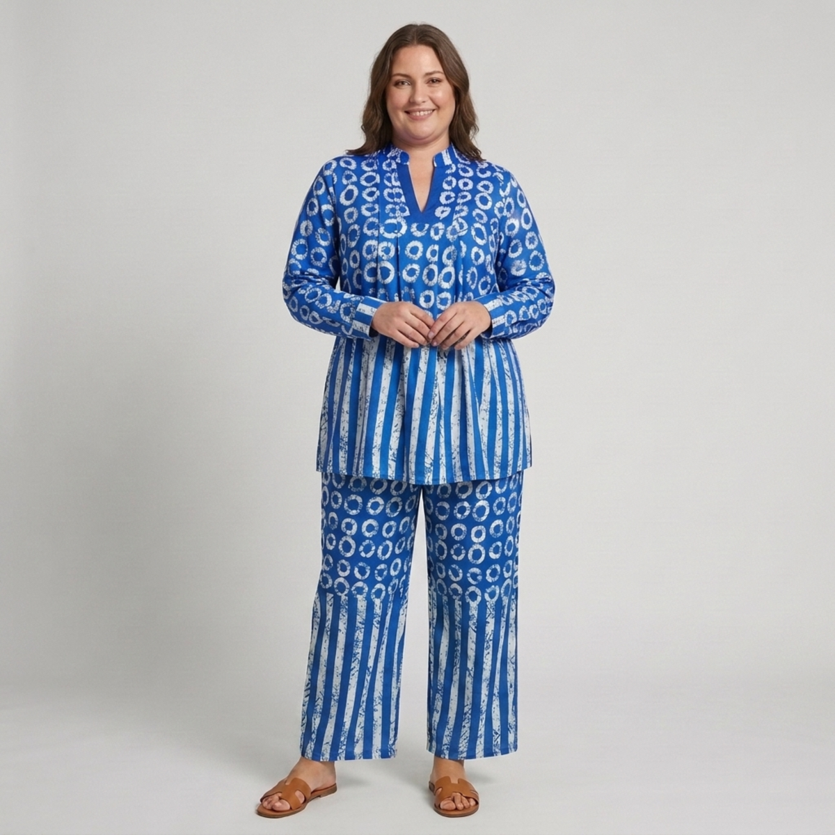 Plus Size Patterned Pants Set — Blue