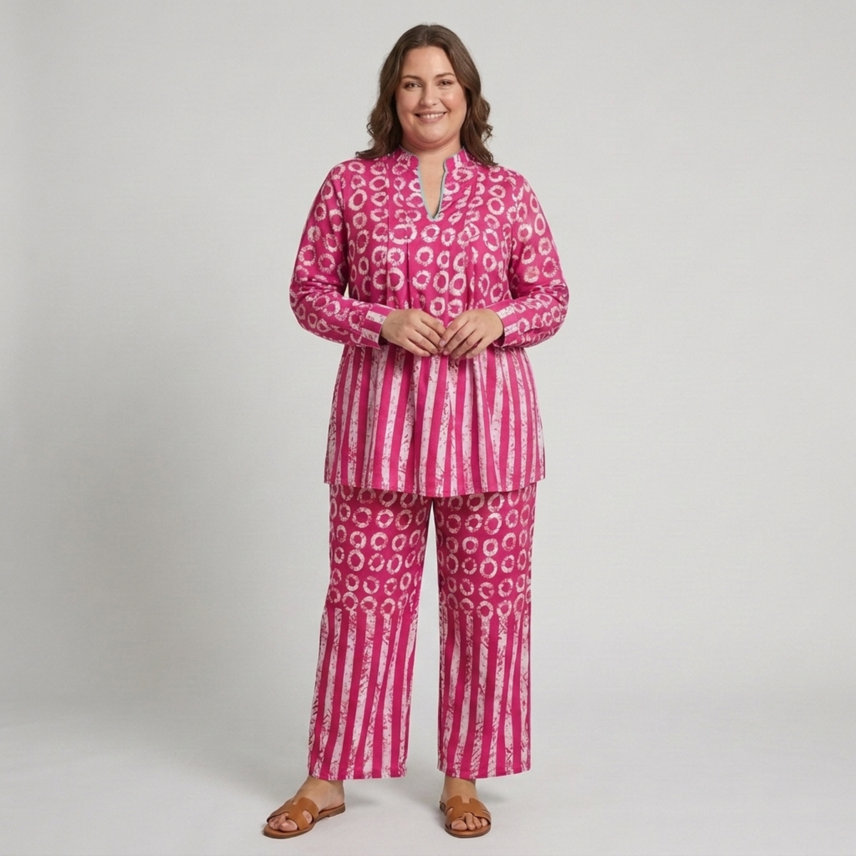 Plus Size Patterned Pants Set — Pink