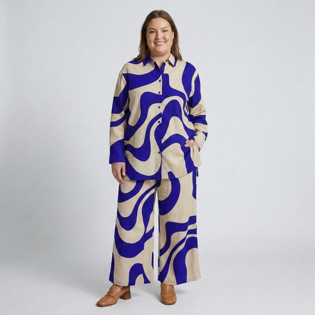 Plus Size Two-Piece Set with Graphic Pattern — Blue