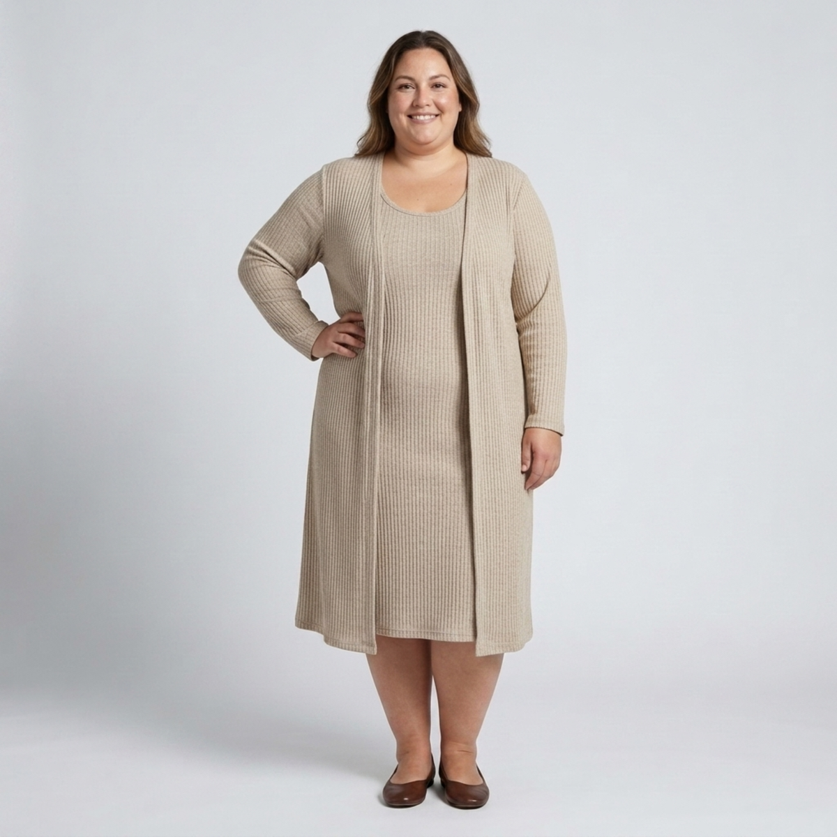 Plus size sleeveless dress and matching long vest in textured knit — Khaki