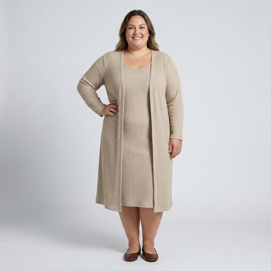 Plus size sleeveless dress and matching long vest in textured knit — Khaki