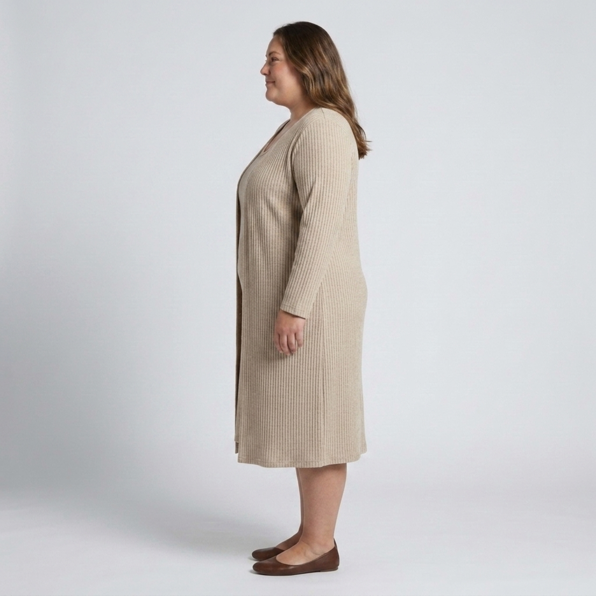 Plus size sleeveless dress and matching long vest in textured knit — product view