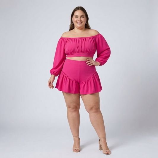 Plus size off-shoulder top and ruffled shorts set — Pink
