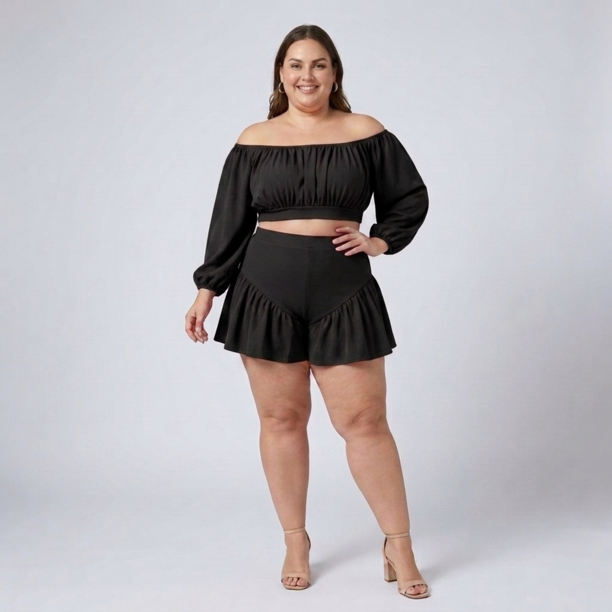 Plus size off-shoulder top and ruffled shorts set — Black