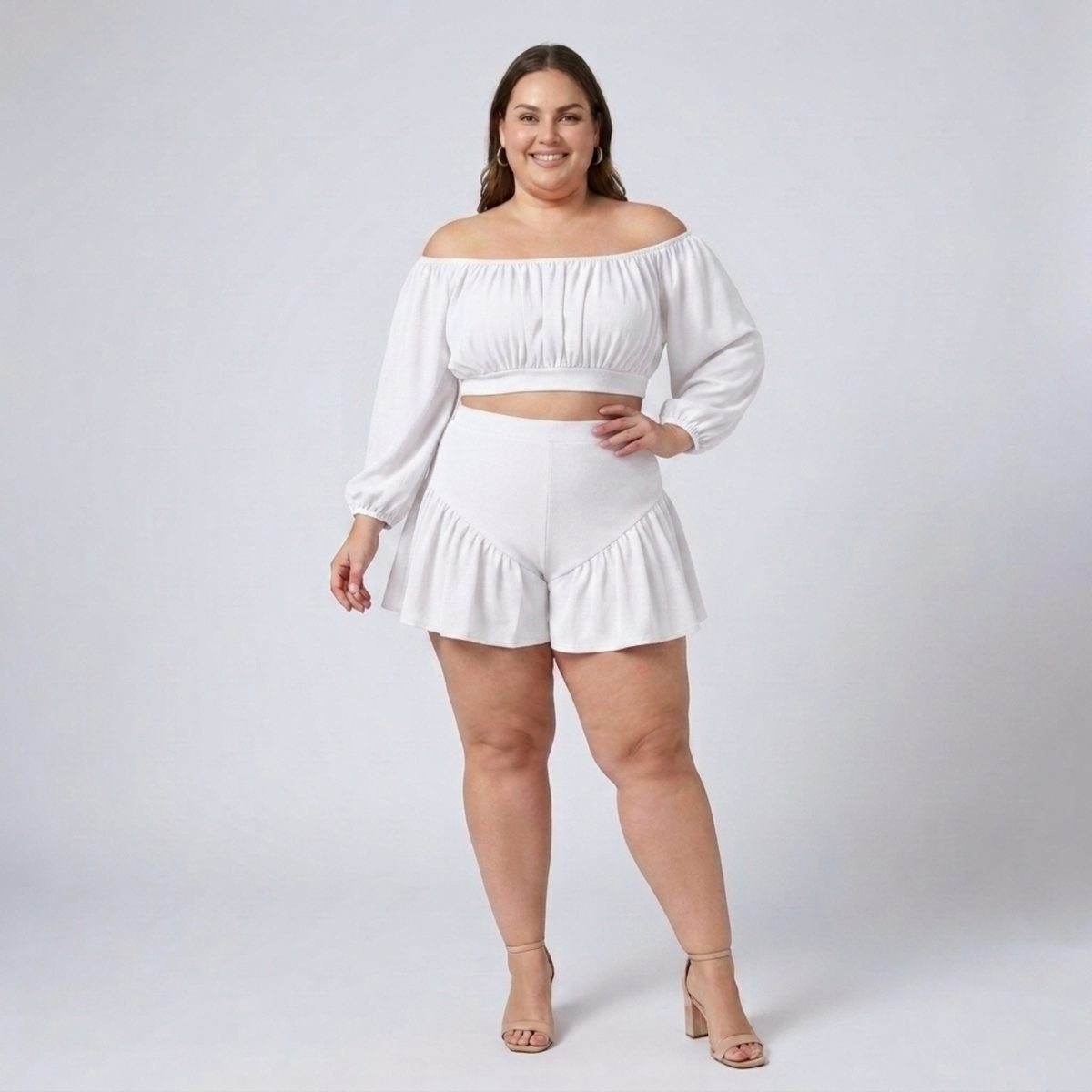 Plus size off-shoulder top and ruffled shorts set — White