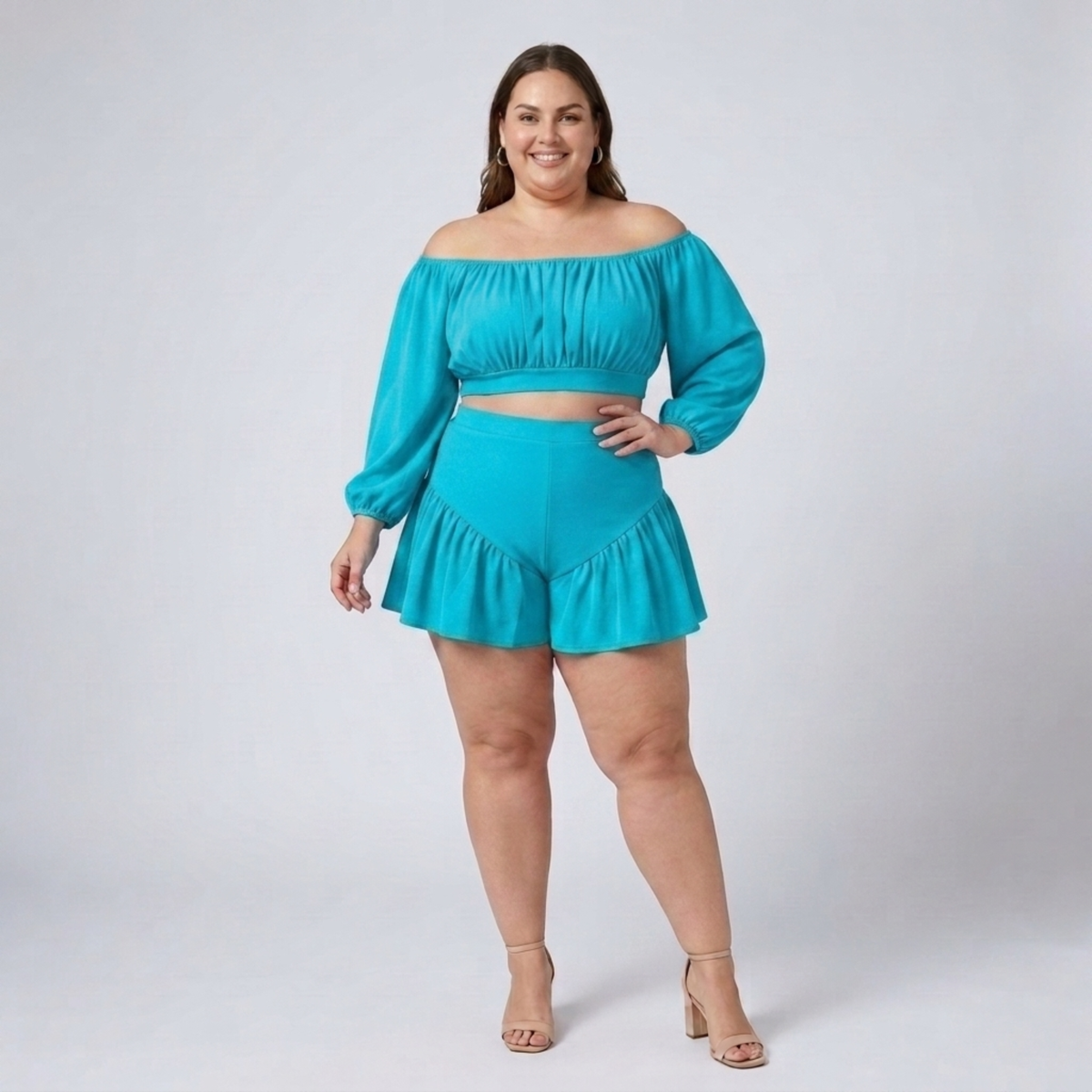 Plus size off-shoulder top and ruffled shorts set — Light Blue