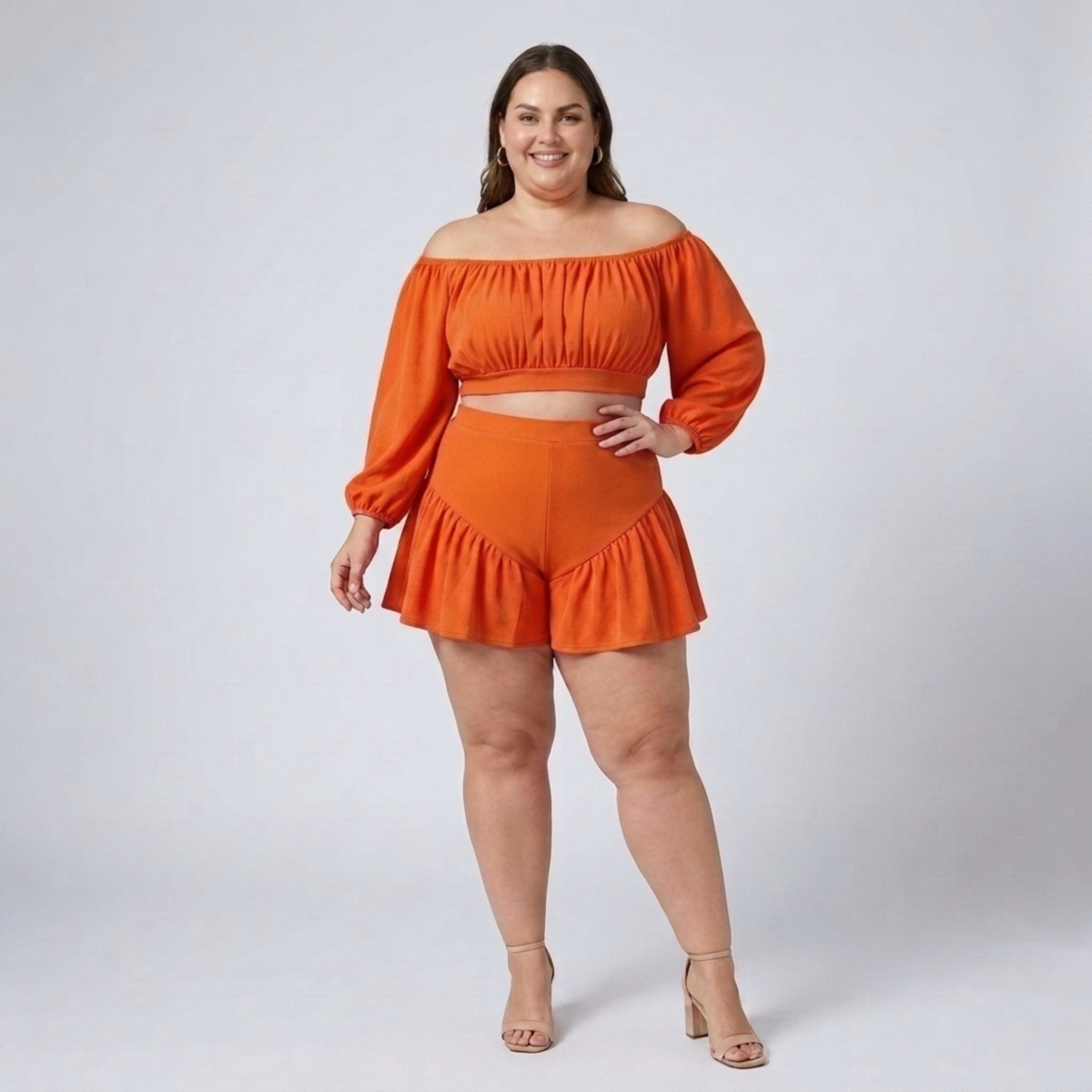 Plus size off-shoulder top and ruffled shorts set — Orange