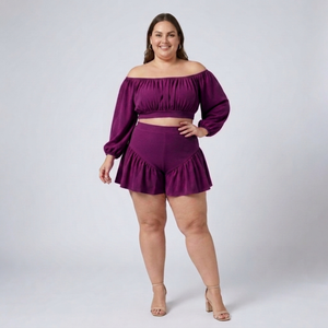 Plus size off-shoulder top and ruffled shorts set — Purple