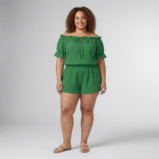 Casual plus size two-piece set with off-shoulder top — Green
