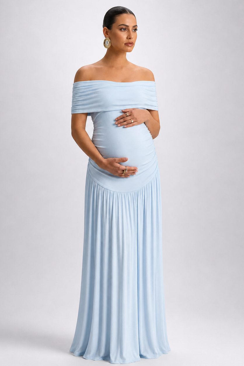 Long Maternity Dress with Off-Shoulder Design for Pregnancy — Light Blue