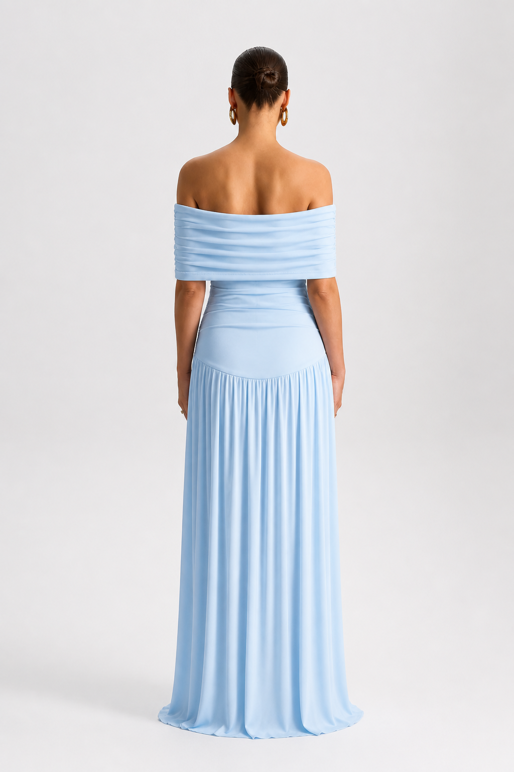 Long Maternity Dress with Off-Shoulder Design for Pregnancy — Light Blue