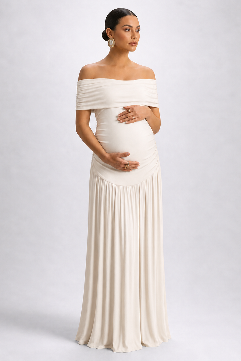 Long Maternity Dress with Off-Shoulder Design for Pregnancy — Apricot