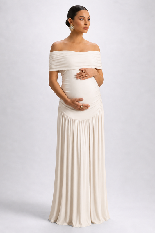Long Maternity Dress with Off-Shoulder Design for Pregnancy — Apricot