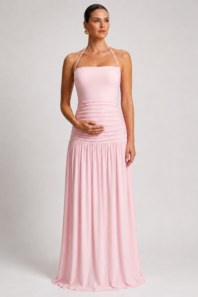 Long Pleated Maternity Dress with Open Back – Halter Neck — Pink
