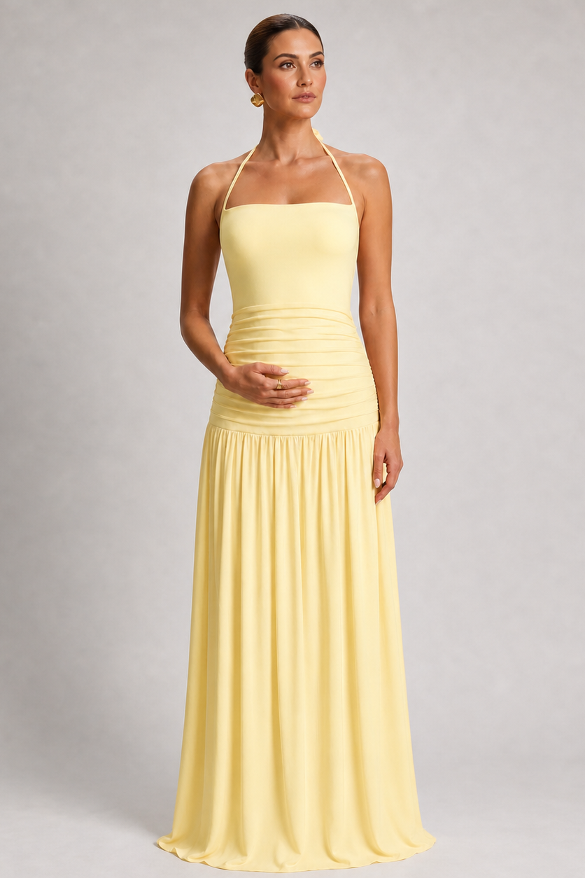 Long Pleated Maternity Dress with Open Back – Halter Neck — Yellow