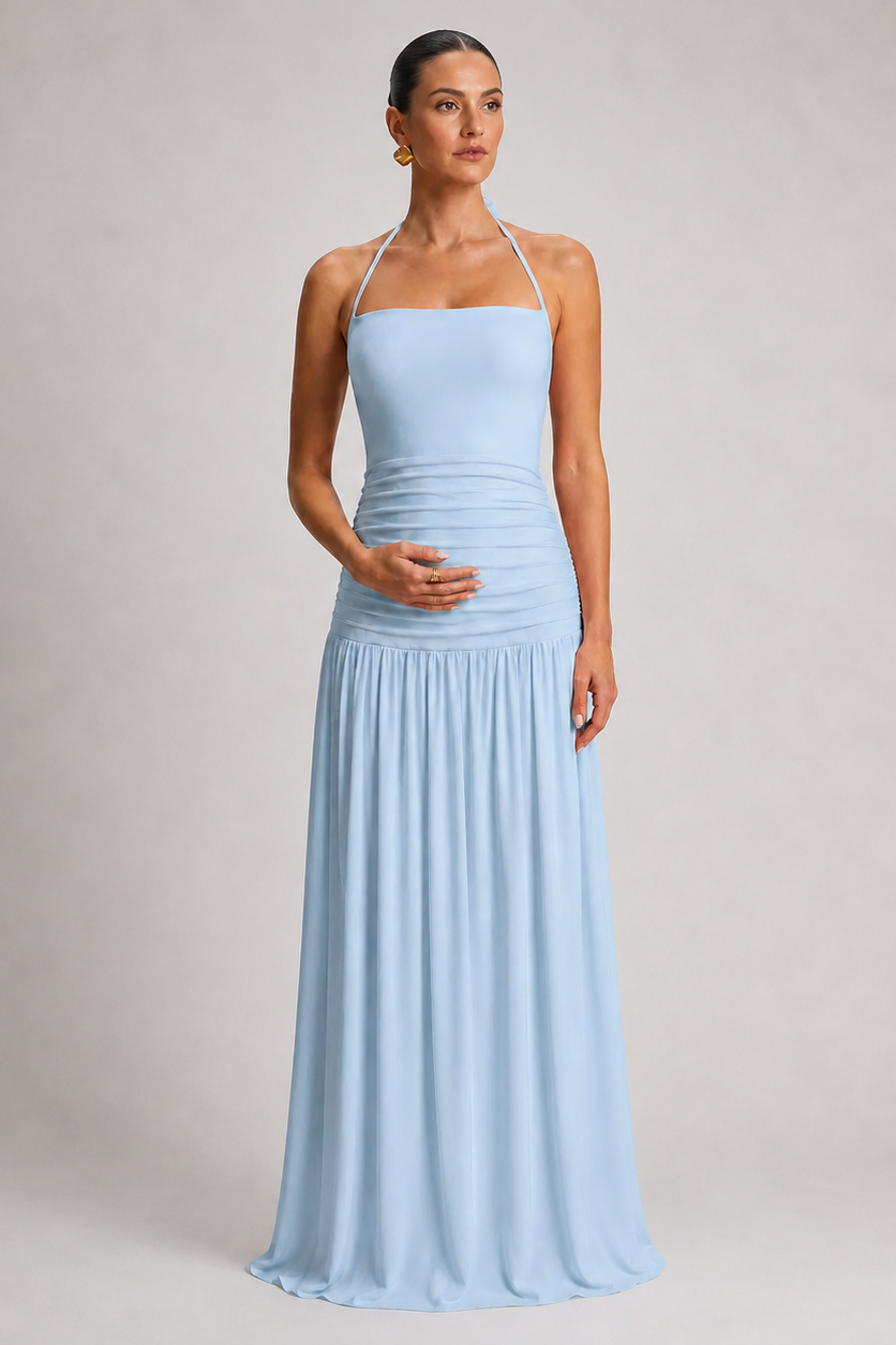 Long Pleated Maternity Dress with Open Back – Halter Neck — Light Blue