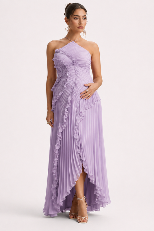 Long Pleated Maternity Dress with Open Back – One Shoulder — Pink