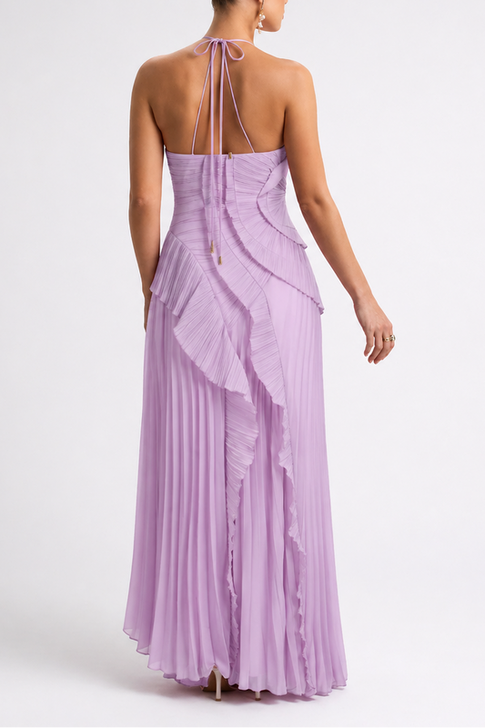 Long Pleated Maternity Dress with Open Back – One Shoulder — Pink