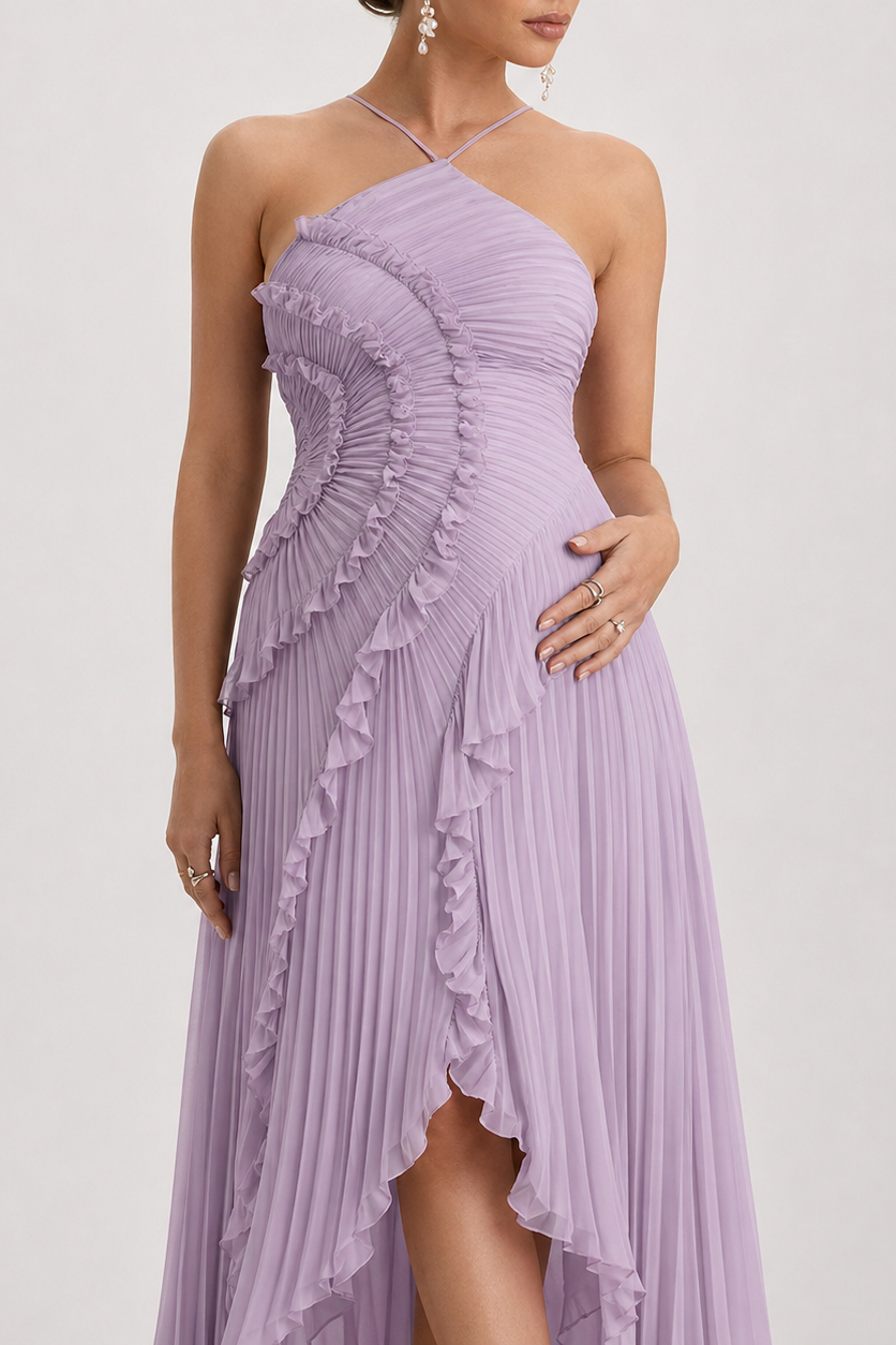 Long Pleated Maternity Dress with Open Back – One Shoulder — Pink