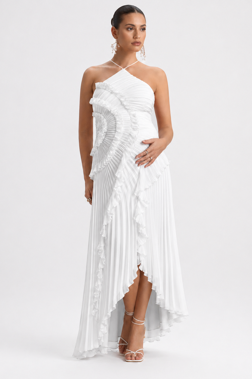 Long Pleated Maternity Dress with Open Back – One Shoulder — White