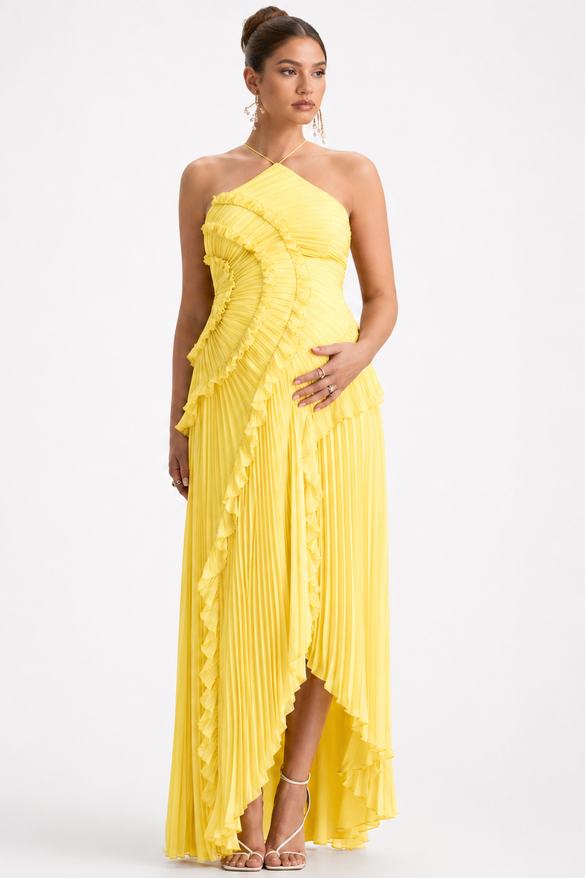 Long Pleated Maternity Dress with Open Back – One Shoulder — Yellow