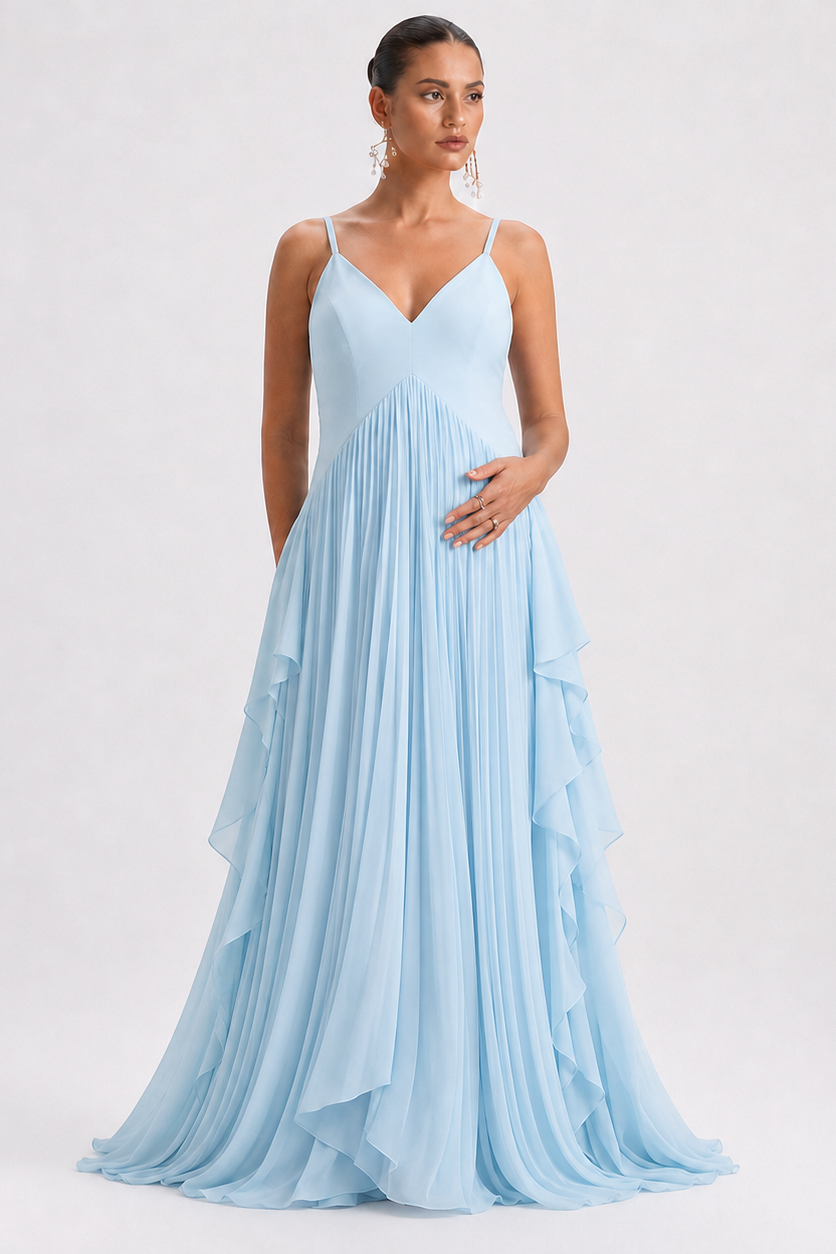 Long Pleated Maternity Dress with Straps — Light Blue