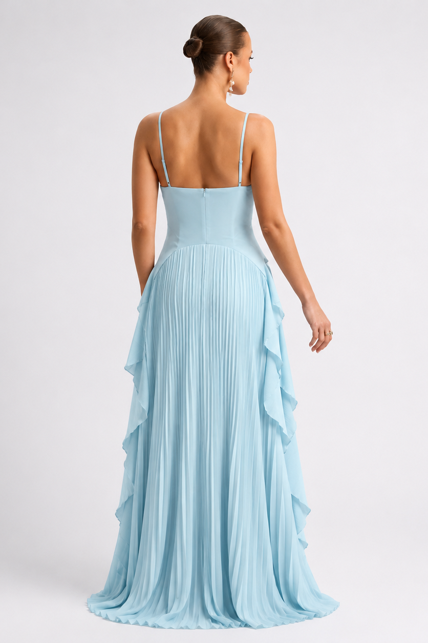 Long Pleated Maternity Dress with Straps — Light Blue