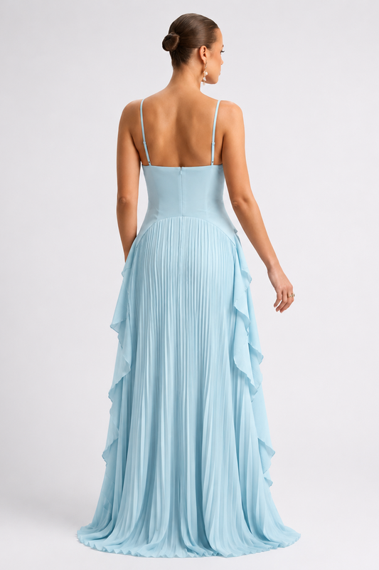 Long Pleated Maternity Dress with Straps — Light Blue