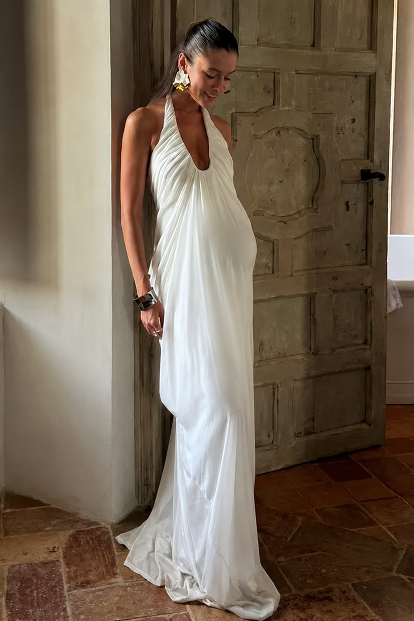Long Pleated Maternity Dress with Open Back – White — product view