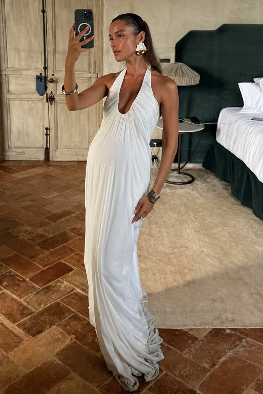 Long Pleated Maternity Dress with Open Back – White — product view