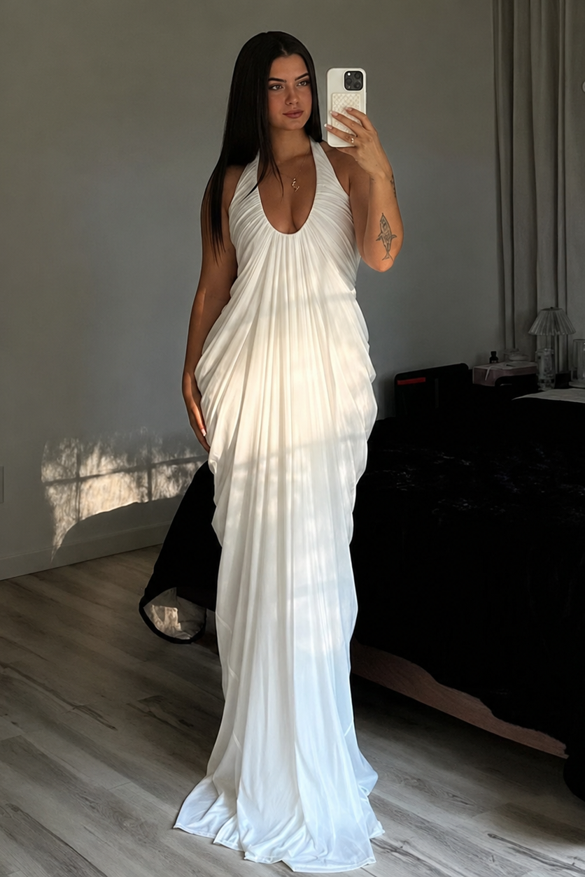Long Pleated Maternity Dress with Open Back – White — product view