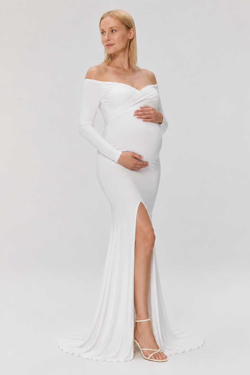 Long Maternity Dress with Off-Shoulder Shoulder Pads — White