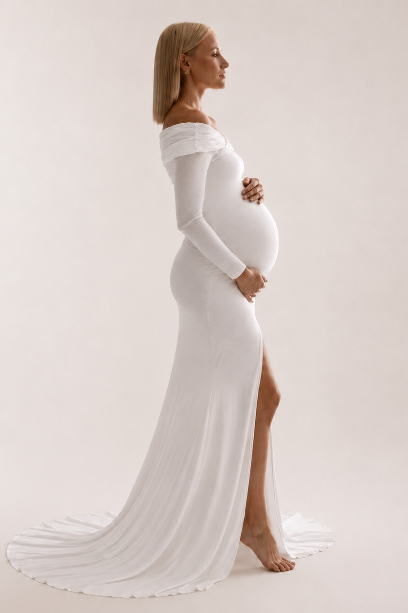 Long Maternity Dress with Off-Shoulder Shoulder Pads — White