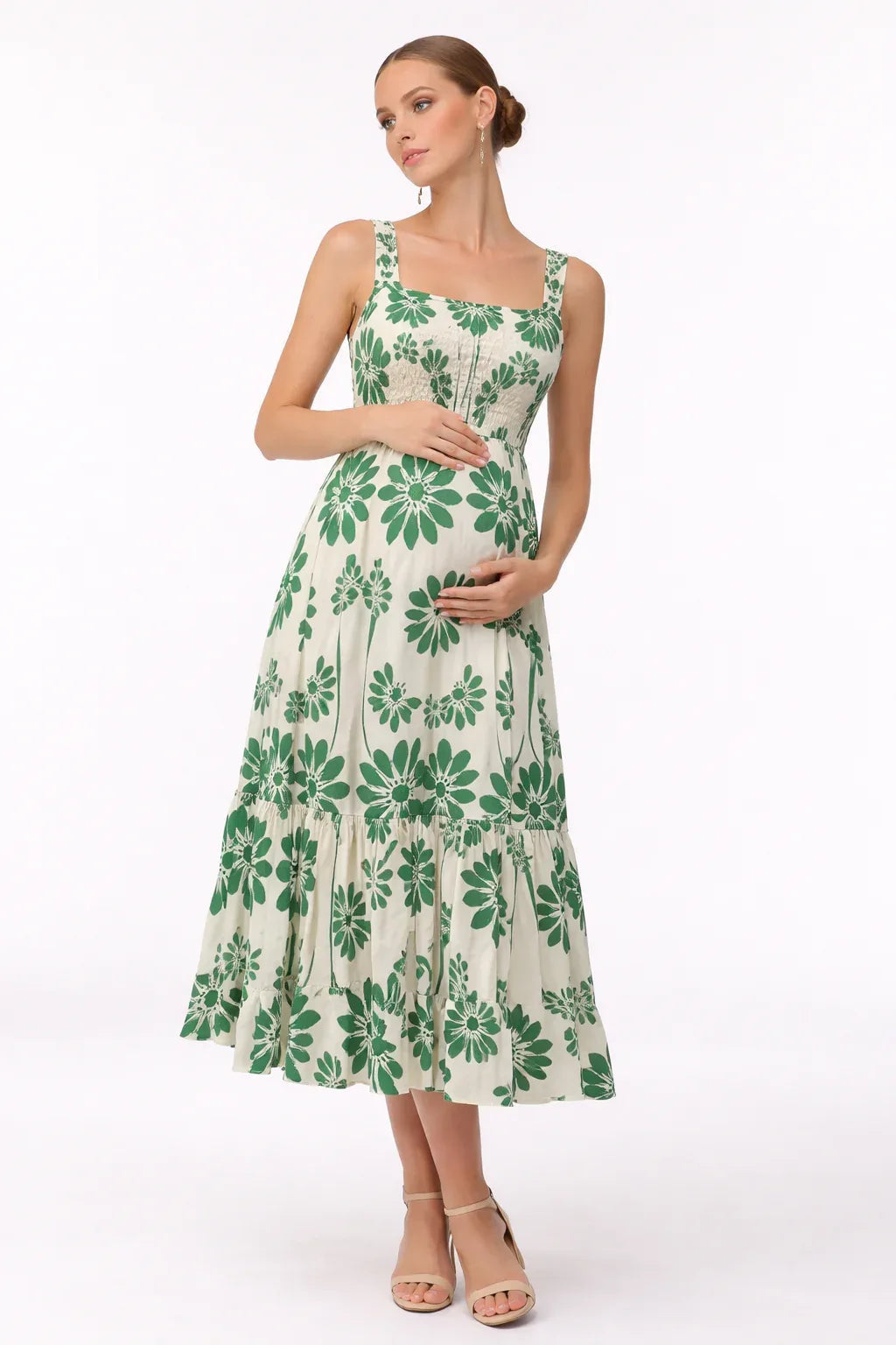 Midi Maternity Dress with Floral Print and Smocked Back — Green