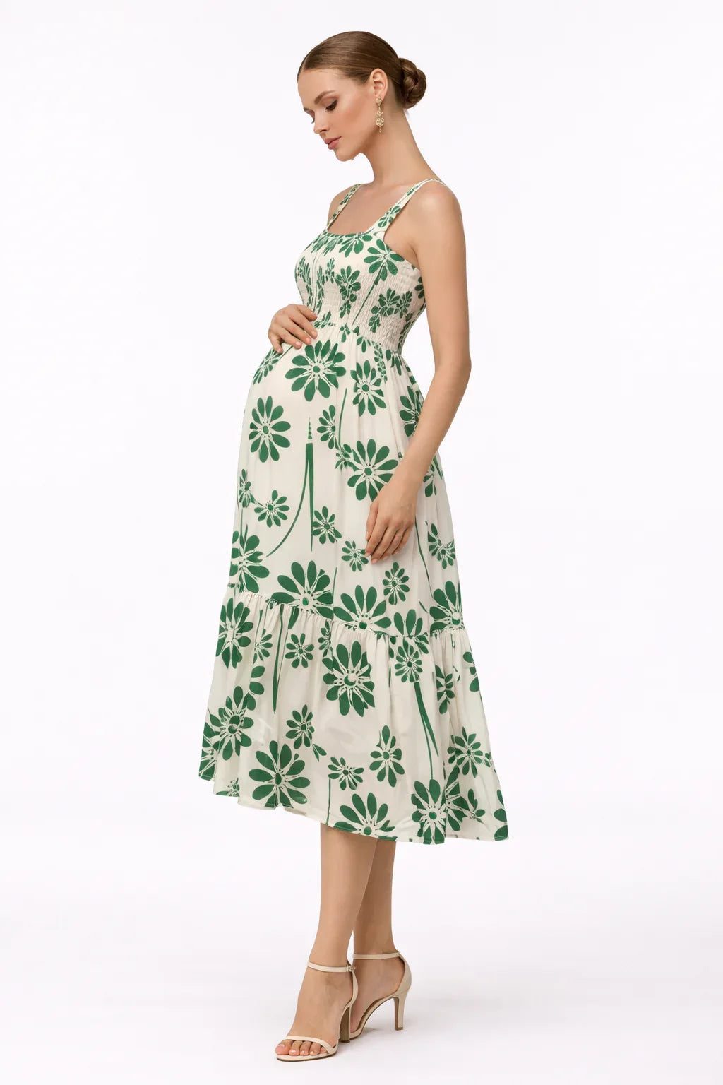 Midi Maternity Dress with Floral Print and Smocked Back — product view
