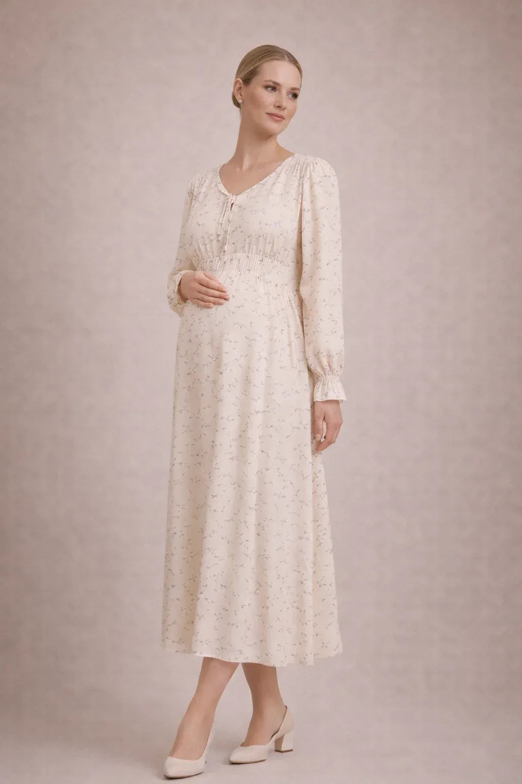 Long Floral Maternity Dress with Empire Waist — Beige