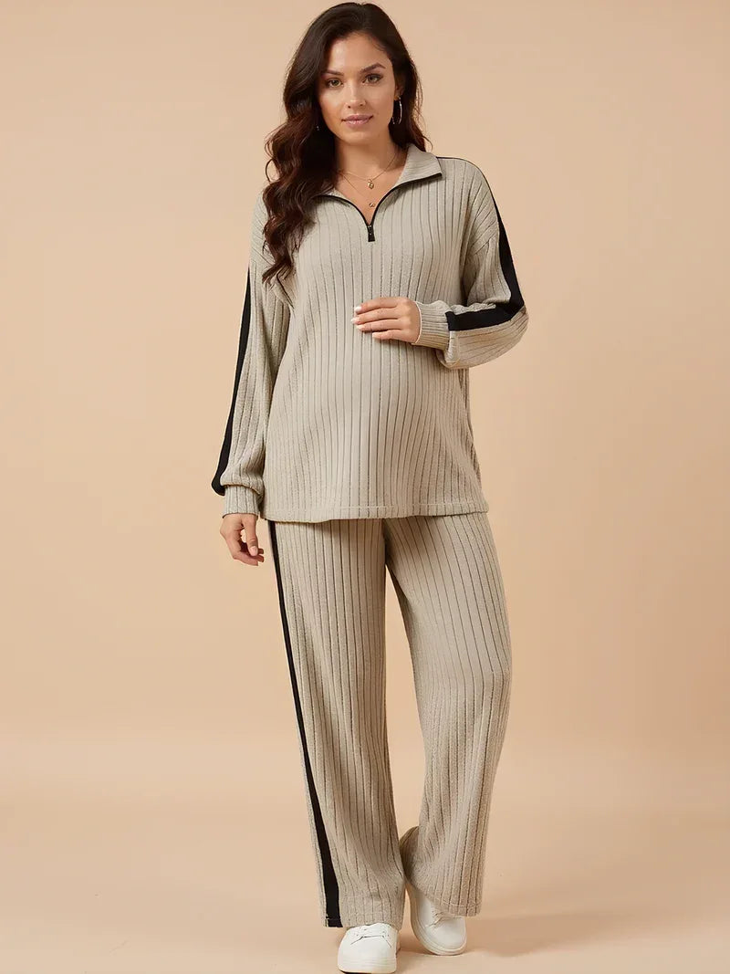 Two-Piece Ribbed Knit Maternity Set — Khaki