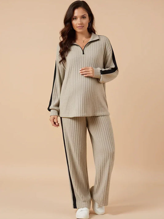 Two-Piece Ribbed Knit Maternity Set — Khaki